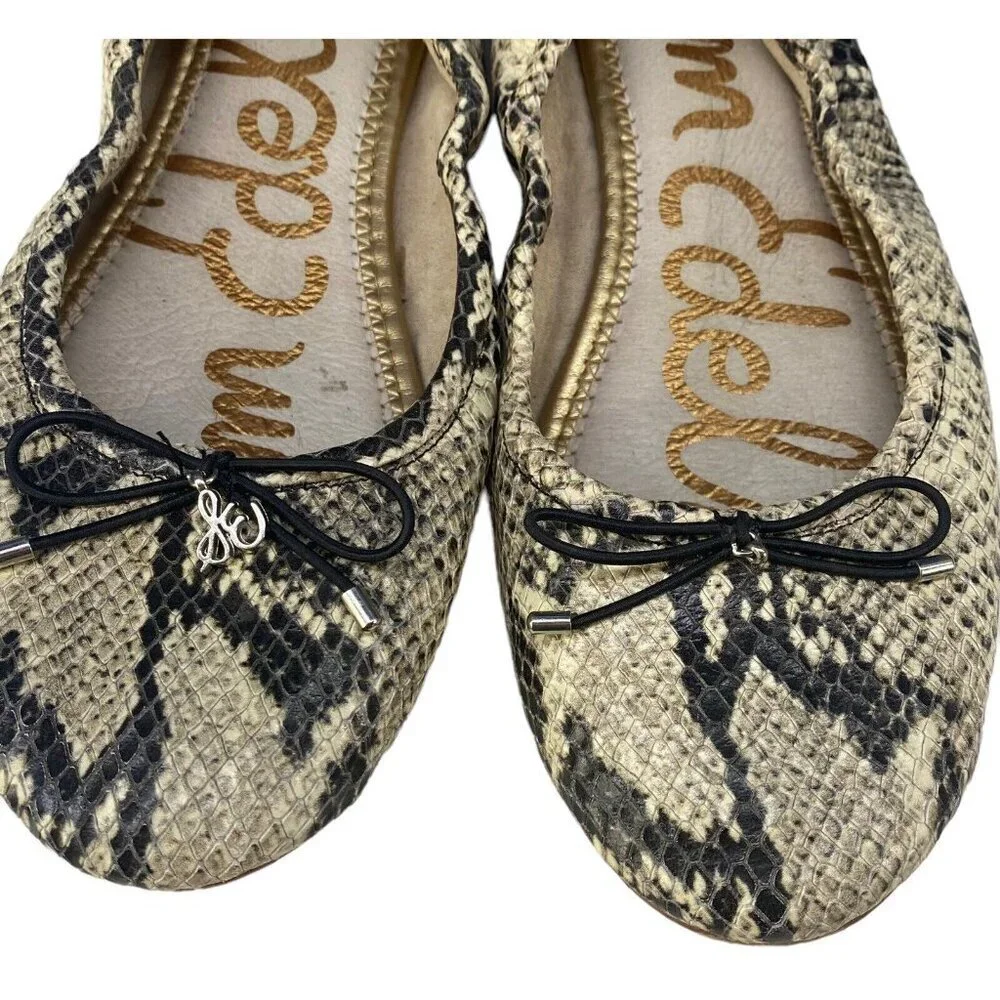 SAM EDELMAN Women Flats‎ Size 8.5 Cream Felicia Black Snake Print Slip On Ballet
